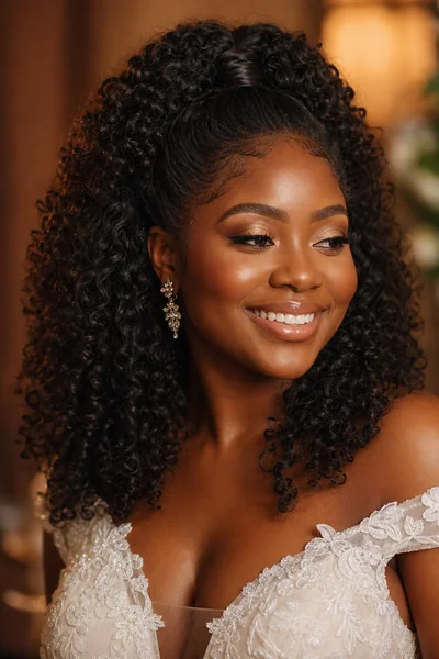 Half-up ponytail with voluminous curls — bold bridal hairstyle for round and heart face shapes with thick curly hair