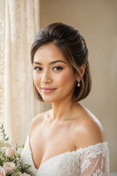 Half-up pouf wedding hairstyle for short hair — romantic bridal option for square and heart face shapes