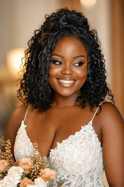 Half-up wedding hairstyle with textured waves for medium hair — romantic bridal style for round and oval face shapes with thick hair