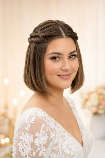 Half-up twist wedding hairstyle for bob-length hair — romantic bridal style for oval and round face shapes