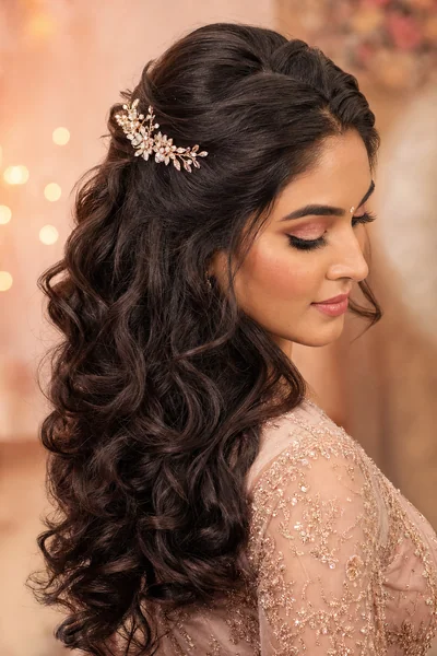 Half-up wedding hairstyle with veil attachment — romantic bridal style for all face shapes with long hair