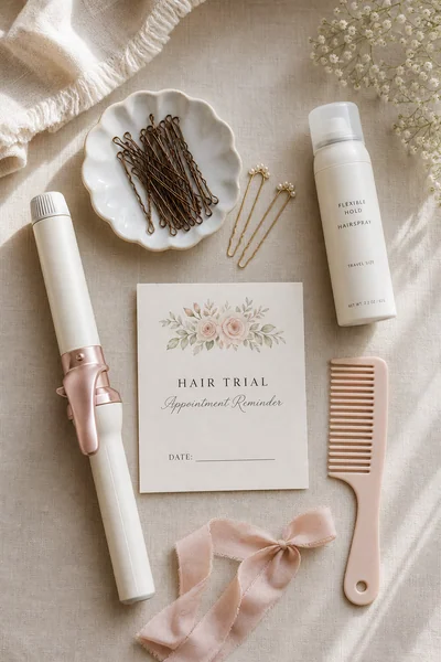 Bridal hair touch-up kit flat lay for half up wedding hairstyles, with pins, travel curling iron, and trial-run planning card