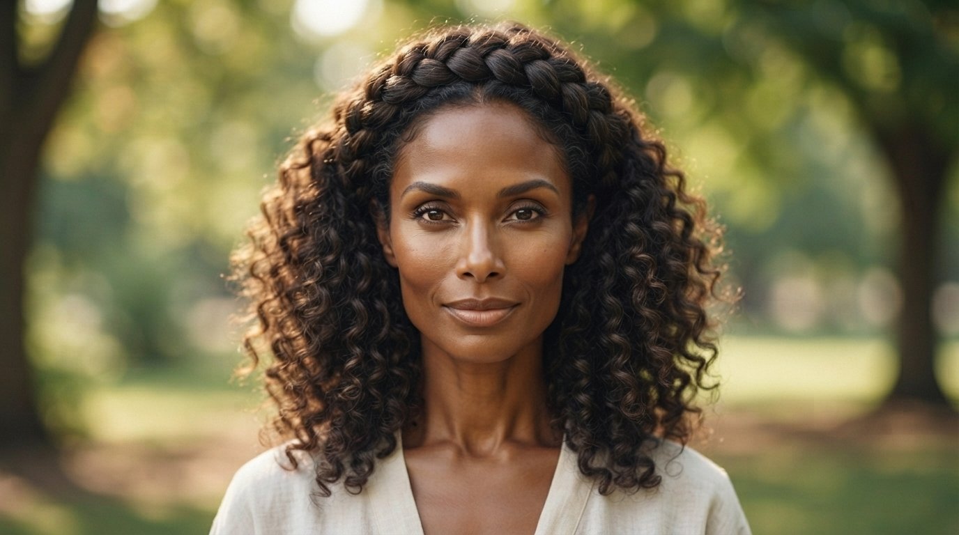 Halo braid on natural curly hair with defined curl texture and full crown style