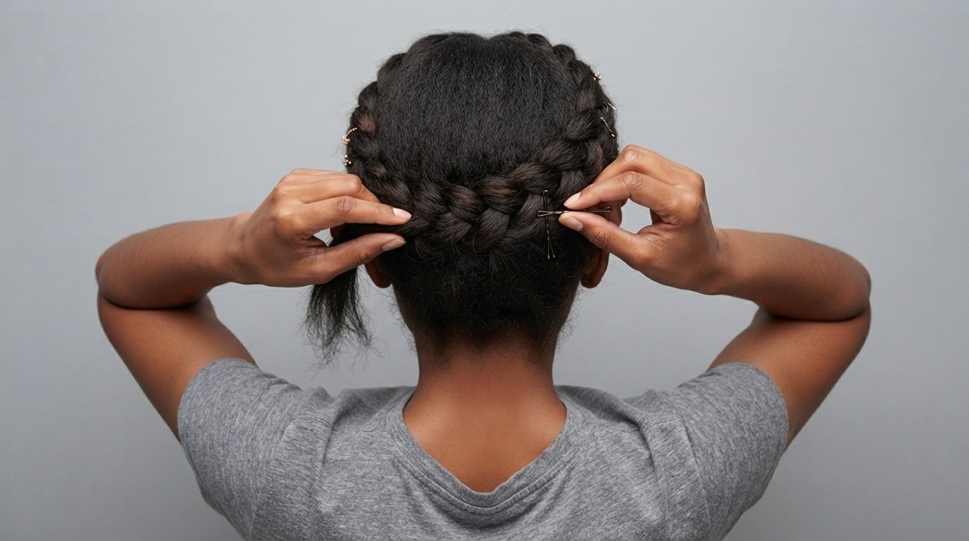 Tutorial process photo showing hands braiding a Dutch halo braid and pinning it to the head