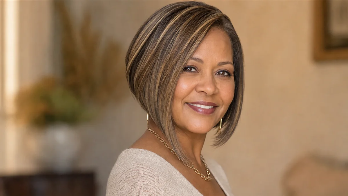 25 Flattering Short Haircuts for Women Over 50 Round Faces 2 Flattering angled bob haircut on woman over 50 with round face — golden-hour portrait