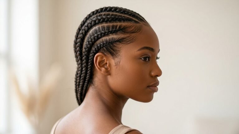 Woman with freshly braided straight-back cornrow hairstyle showing laid edges and clean parting.