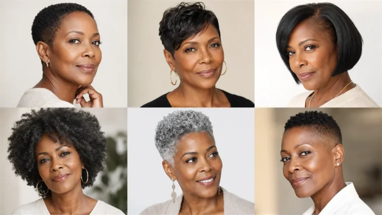 Grid of 6 short hairstyles for Black women over 50, pixie, bob, twas, natural curls, and gray cuts