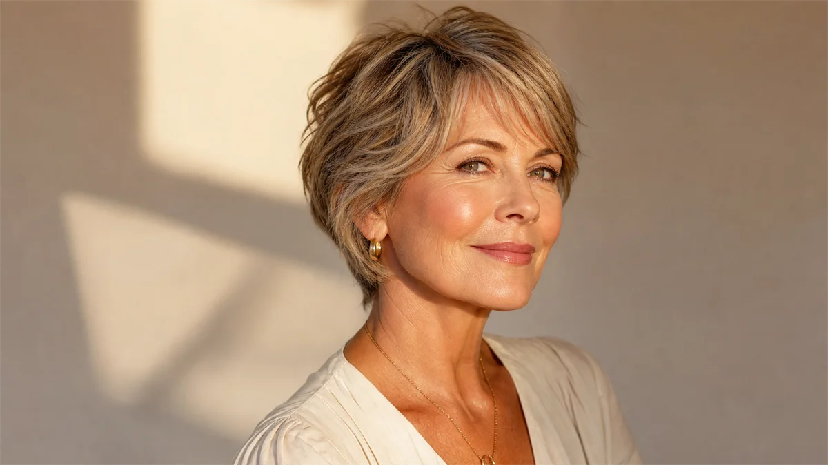 25 Flattering Short Layered Haircuts for Women Over 50 2 mature woman over 50 with a short layered pixie-bob haircut styled for gray hair transition