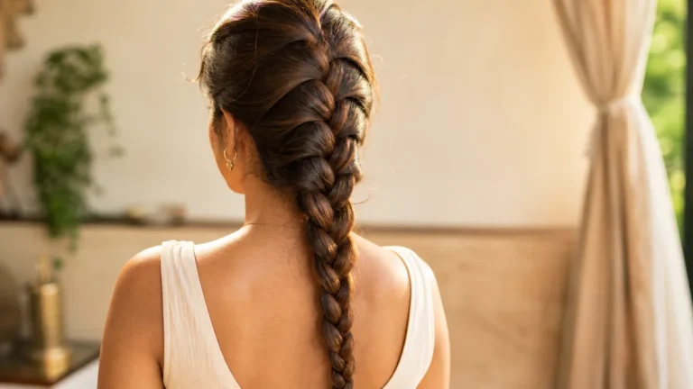 Woman showing how to French braid your own hair, finished braid viewed from behind.