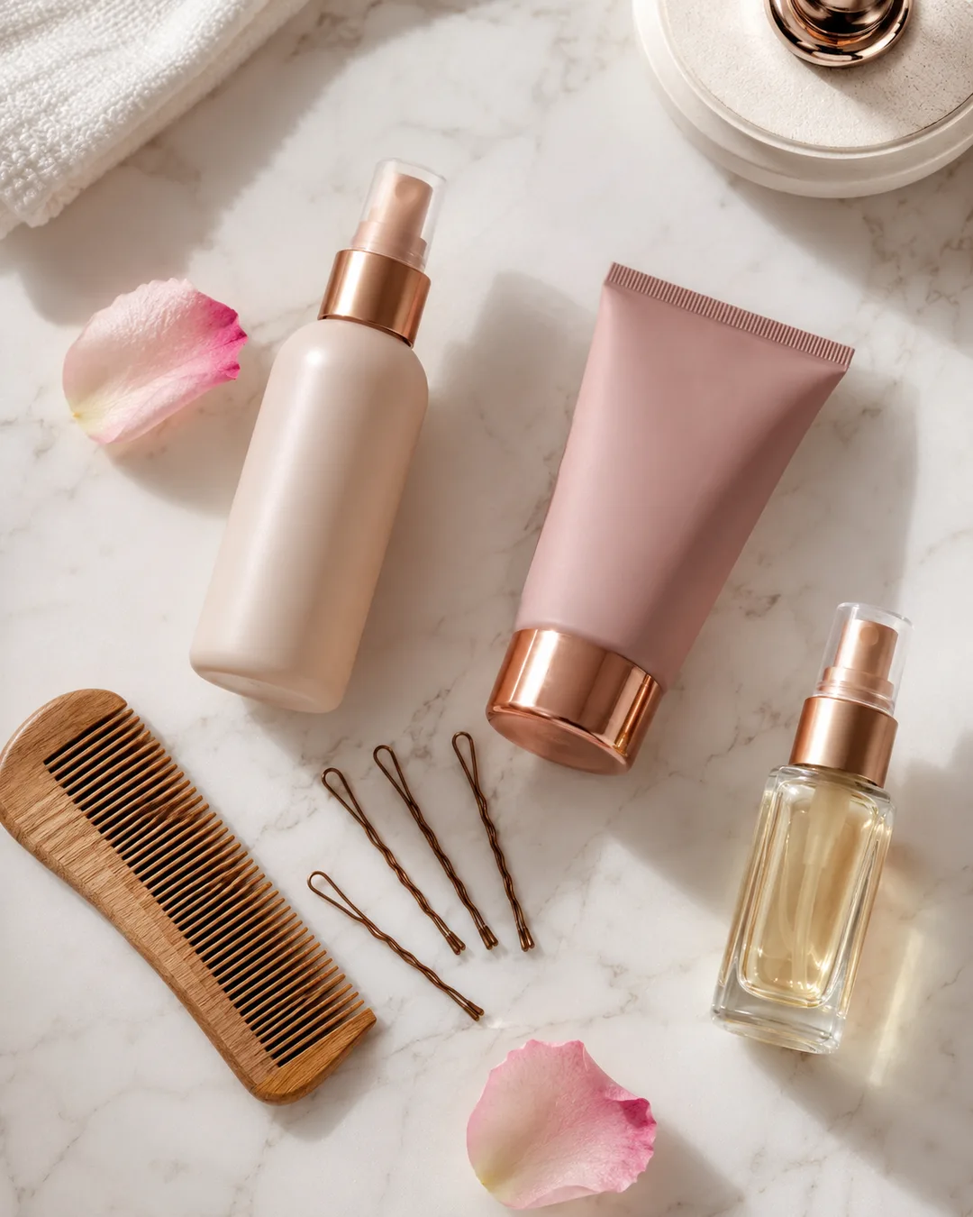 How to Style Short Hair Fast with 7 Looks That Take Under 5 Minutes 2 how to style short hair fast — morning styling essentials including texturizing spray, mousse, and bobby pins on white marble counter