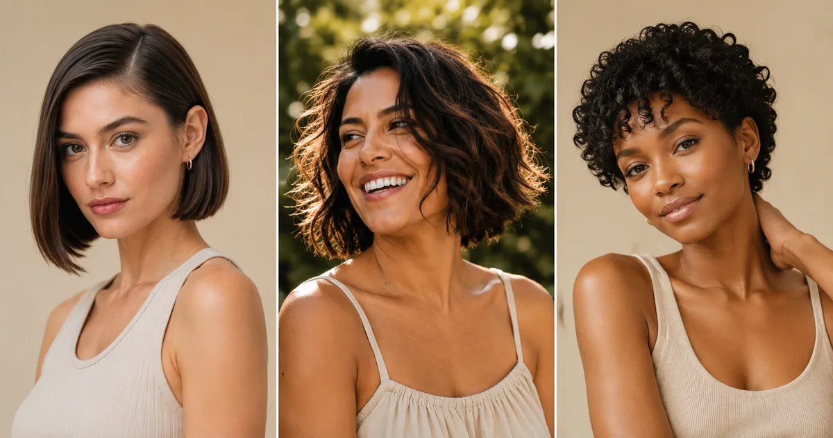 How to Style Short Hair Fast with 7 Looks That Take Under 5 Minutes 12 short hair styling tips by hair type — straight, wavy, and curly short hairstyles styled and ready side by side