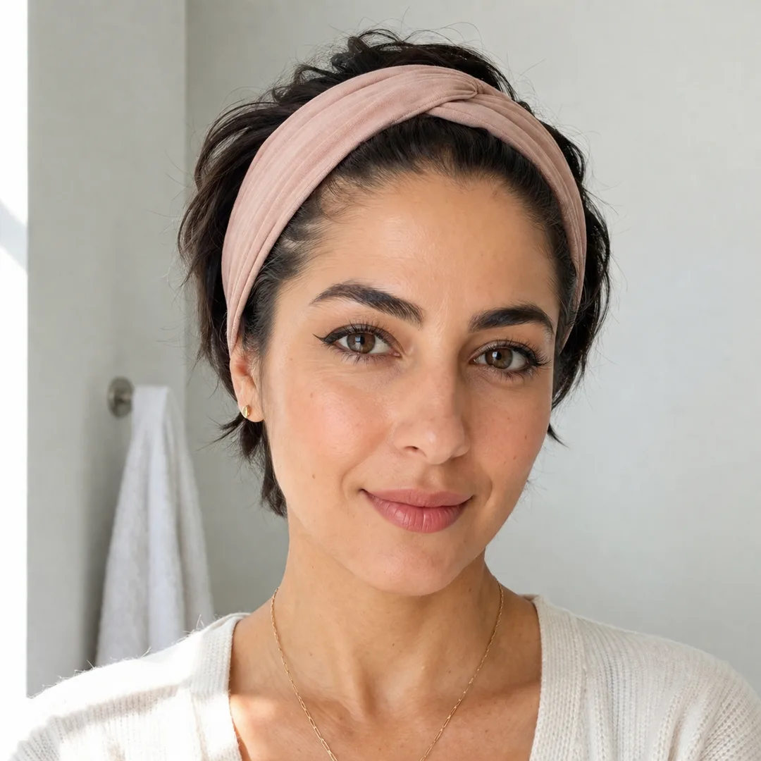 How to Style Short Hair Fast with 7 Looks That Take Under 5 Minutes 9 headband refresh short hair look — wide fabric headband on short hair, clean 2-minute morning style for any hair length