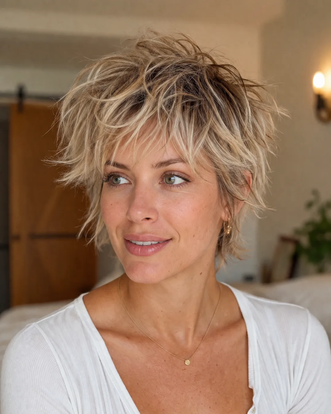 How to Style Short Hair Fast with 7 Looks That Take Under 5 Minutes 10 tousled bedhead shag hairstyle — piece-y textured short shag, lived-in morning look styled with dry shampoo