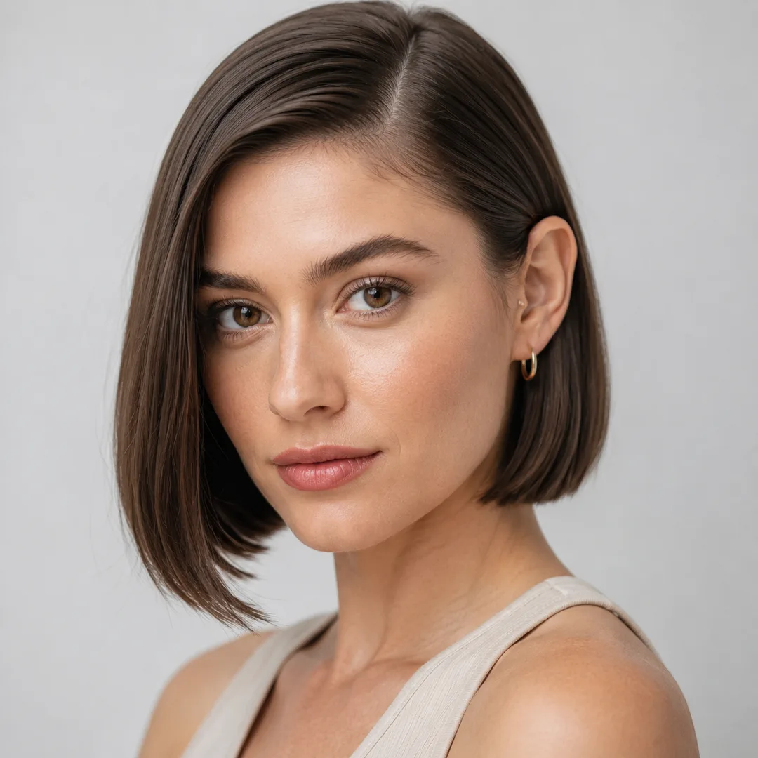 How to Style Short Hair Fast with 7 Looks That Take Under 5 Minutes 5 sleek side part on short blunt bob — hair tucked behind ear, polished easy morning look for straight fine hair