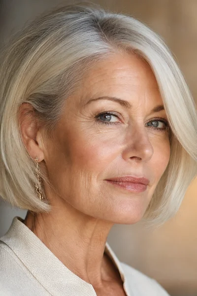 Icy platinum bob with root shadow for women over 50 — shadow root blends naturally with gray regrowth