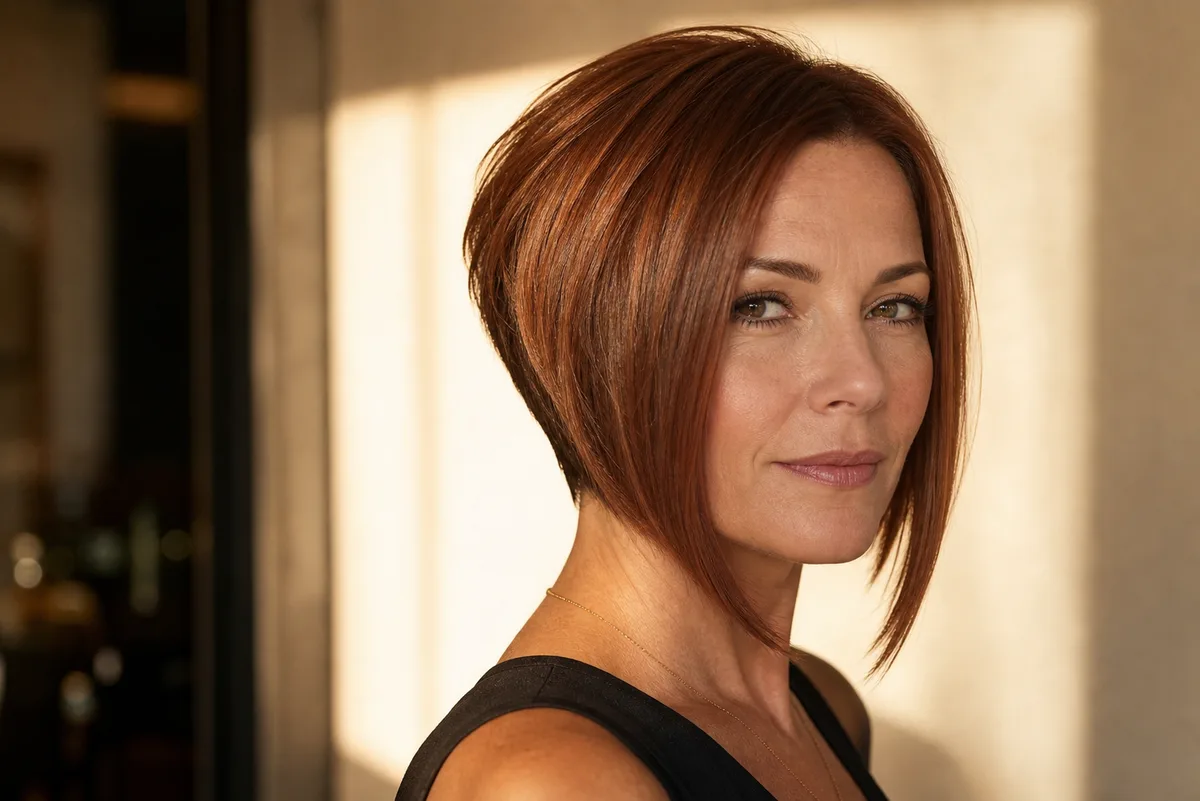 35 Edgy Short Haircuts for Women Ready for a Bold Change 21 Inverted angled bob with stacked back — short structured hairstyle for volume on fine hair