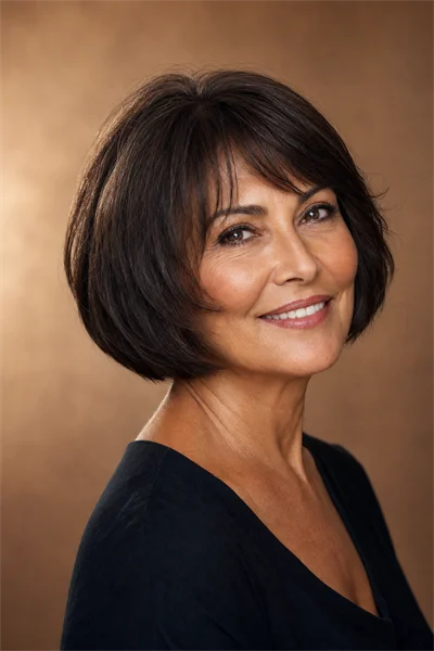 jaw-length bob with face-framing fringe for fine hair — internal layering adds movement and depth