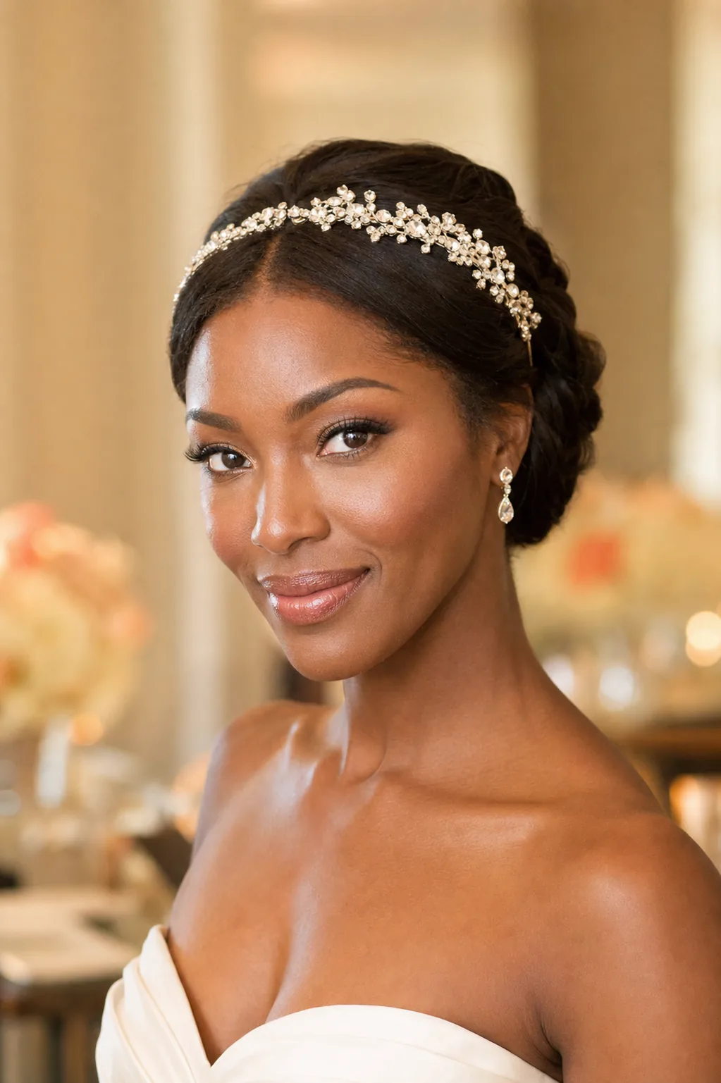 Jeweled headband updo wedding hairstyle for short hair, glam styling, jeweled accessory detail