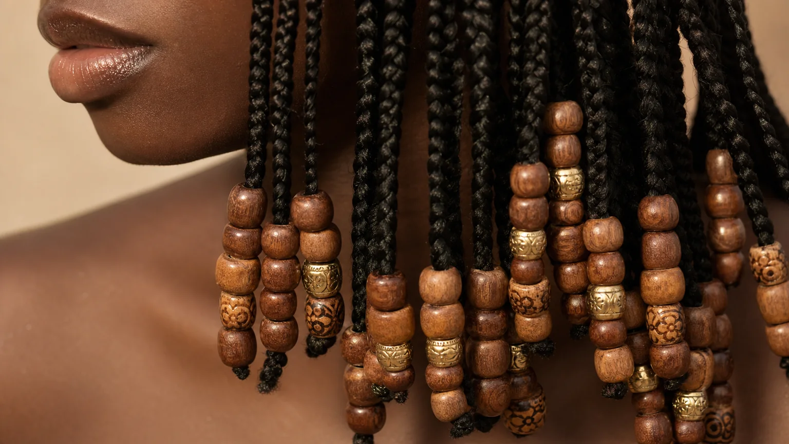 20 Knotless Braids Styles Taking Over 2026 6 Close-up of wooden beads adorning the ends of knotless braids, showing decorative braid finishing detail.