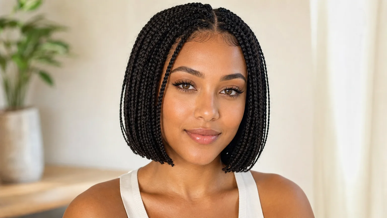 20 Knotless Braids Styles Taking Over 2026 9 Woman with chin-length knotless braids styled in a neat bob, framing the face and showing how the length flatters facial features.
