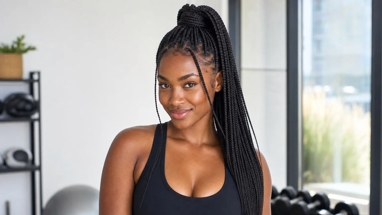 20 Knotless Braids Styles Taking Over 2026 10 Woman with knotless braids styled in a high, voluminous ponytail, showing the versatility of the style.