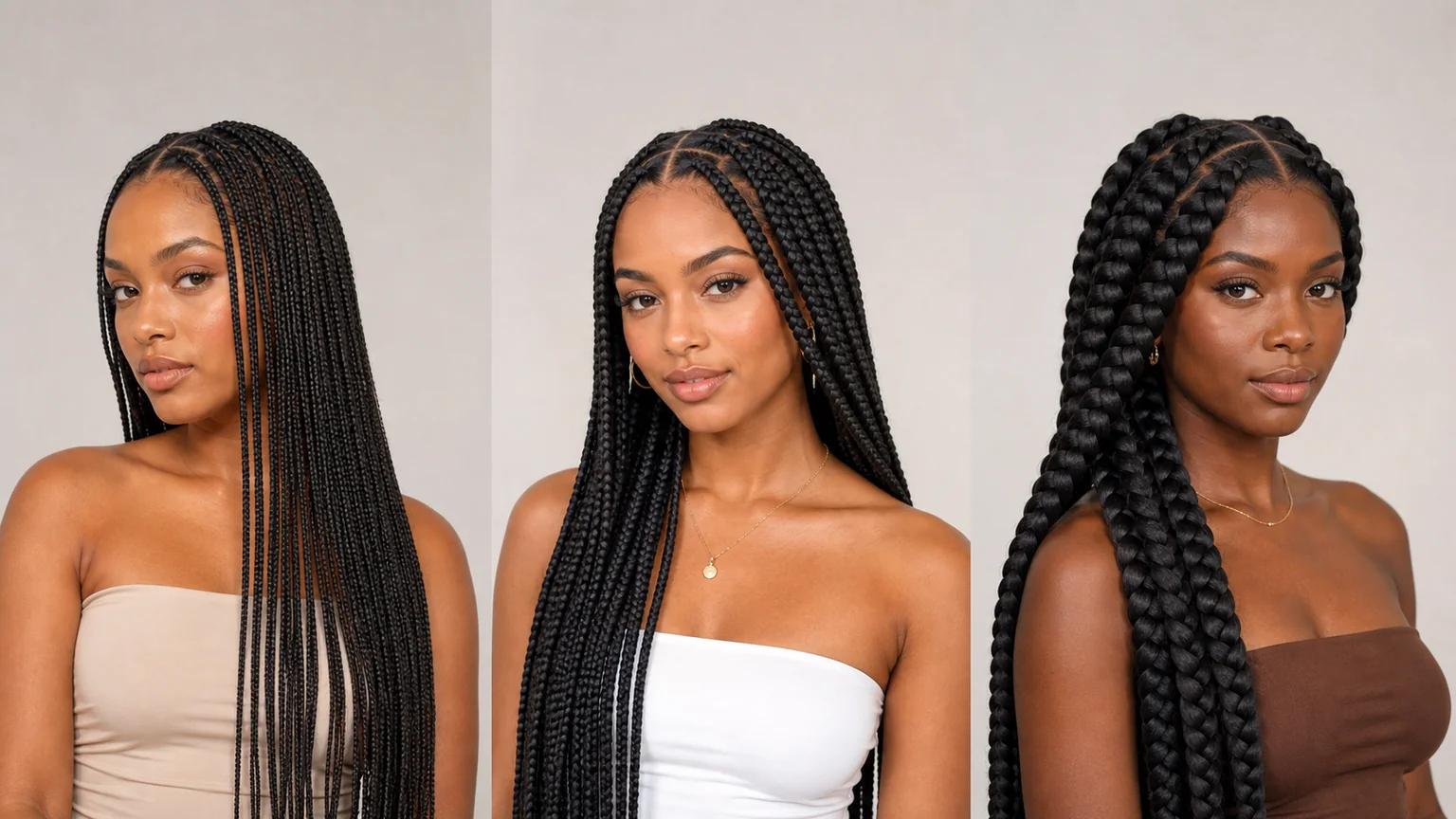 20 Knotless Braids Styles Taking Over 2026 4 Side-by-side comparison of small, medium, and jumbo knotless braid sizes showing thickness variation.