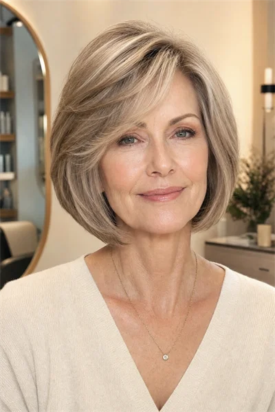 25 Flattering Short Layered Haircuts for Women Over 50 10 layered bob with face-framing fringe on mature woman over 50