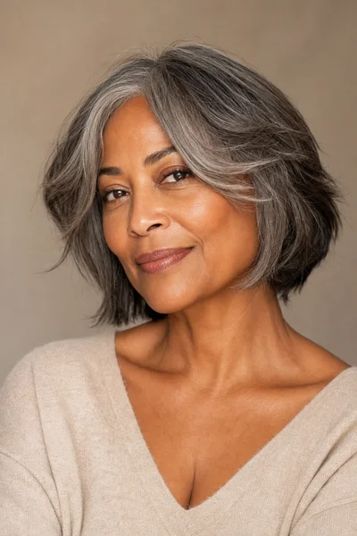 35 Short Haircuts for Black Women Over 50 That Look Stunning in 2026 24 Layered bob with face-framing pieces for Black women over 50 — soft layers, cheekbone-framing, heart face flattering