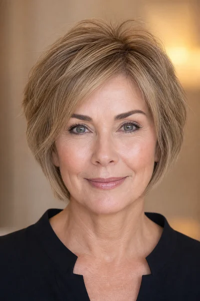 Woman over 50 with a layered crop for fine hair showing crown volume and internal lift from the front view