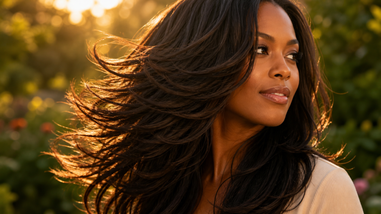 Long layered haircut showing movement and dimension in wind-blown hair with warm golden light.