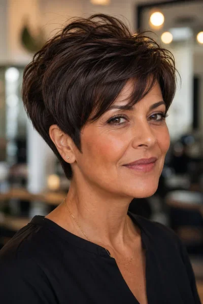 Layered pixie haircut with graduated crown sections for natural volume and lift