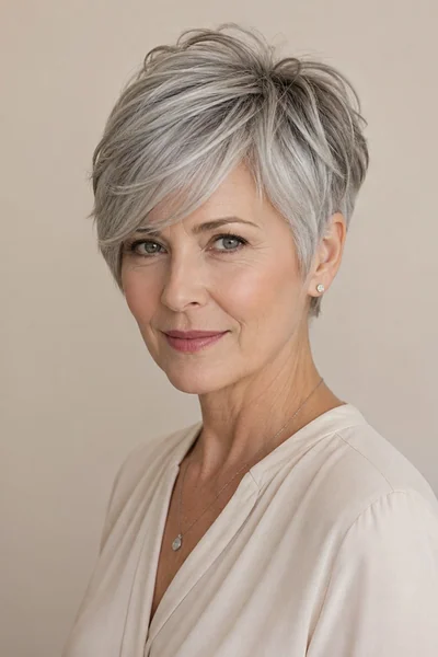 Layered pixie with side-swept bangs on thick hair — flattering short cut for square and heart faces