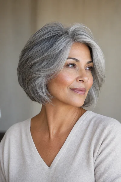 Short Gray Haircuts for Women Over 50: The Complete Guide 4 Layered silver bob haircut for women over 50 — soft, feathered style with movement