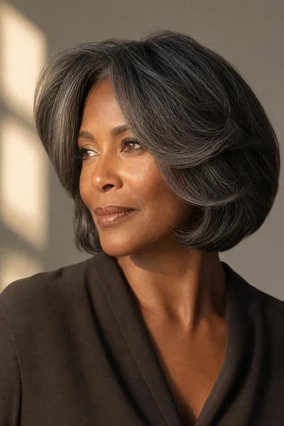 layered silver bob haircut for women over 50 — chin-length bob with soft face-framing layers