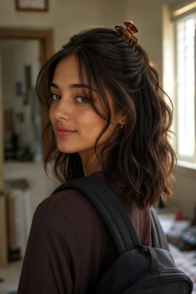 Half-up claw clip hairstyle for lob — easy school hairstyle in under 90 seconds