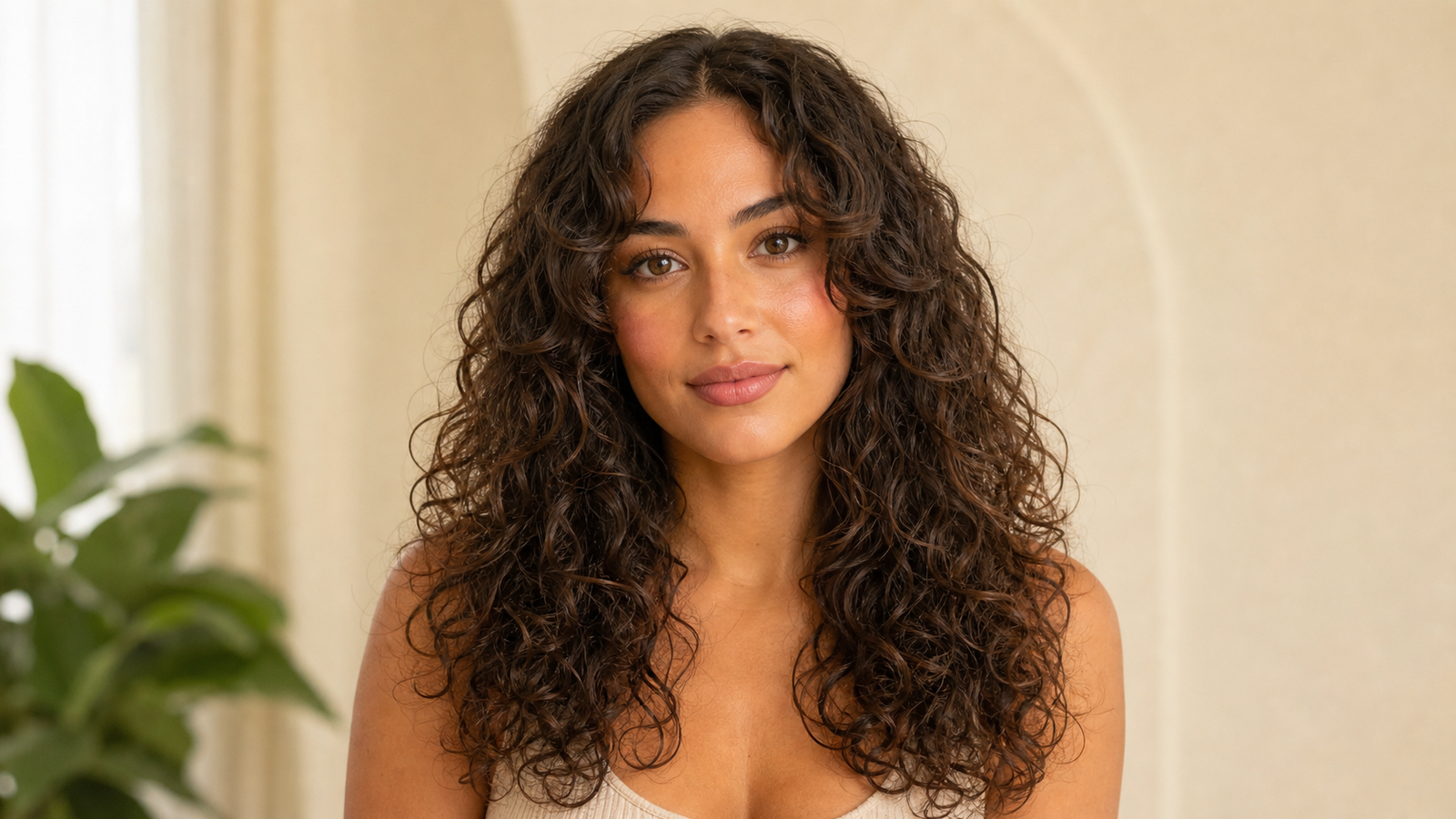 long curly hair with subtle face-framing layers, 2B to 3B curls