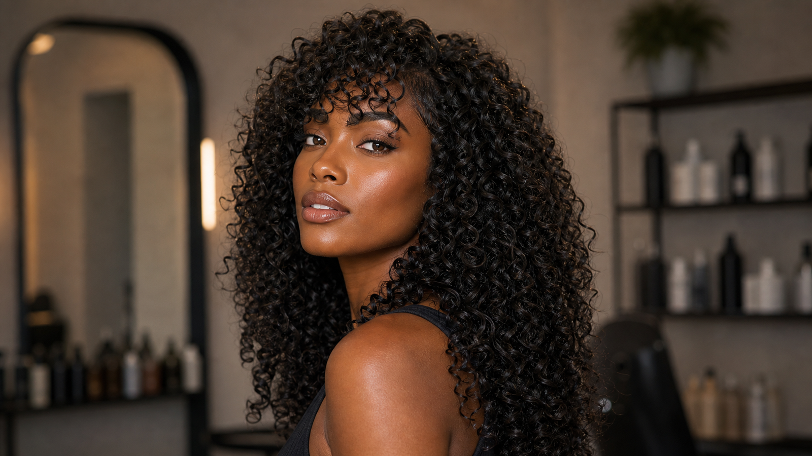 Long layered haircut on natural curly hair with dry-cut layers for defined curl pattern.