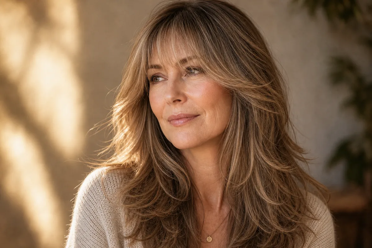 Long feathered layers with soft bangs long haircut for women over 40