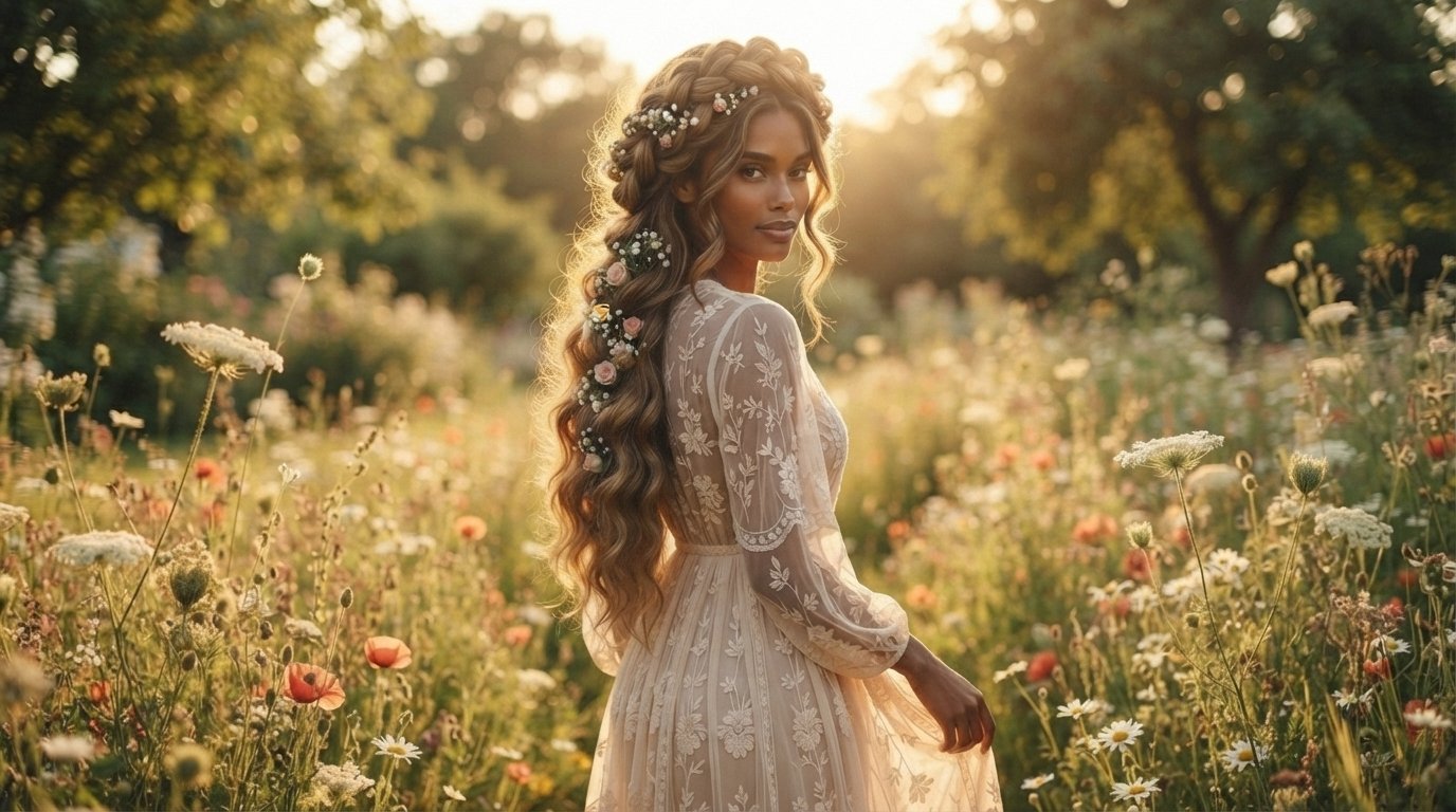 Long hair halo braid with full wrap crown and extra loose length below