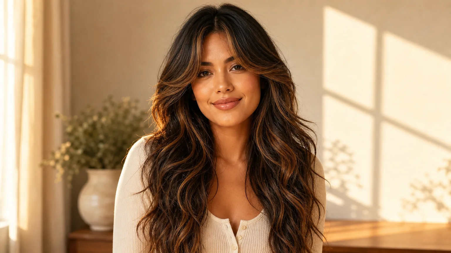 Curtain bangs with long layers: timeless long hairstyle for women with soft waves
