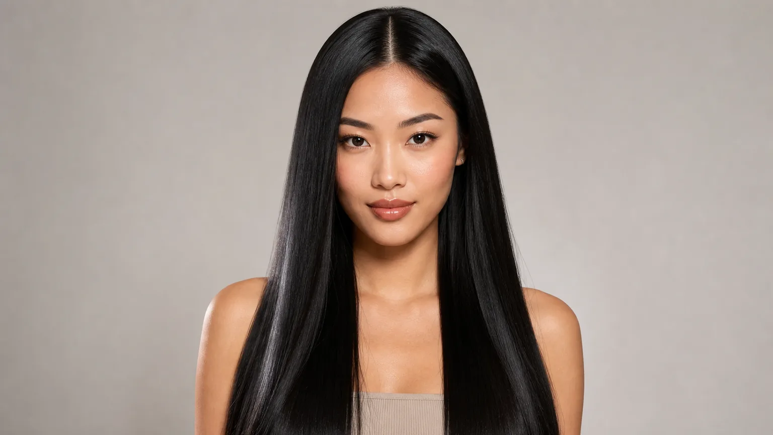 Sleek straight long hairstyle for women with center part and polished shine finish