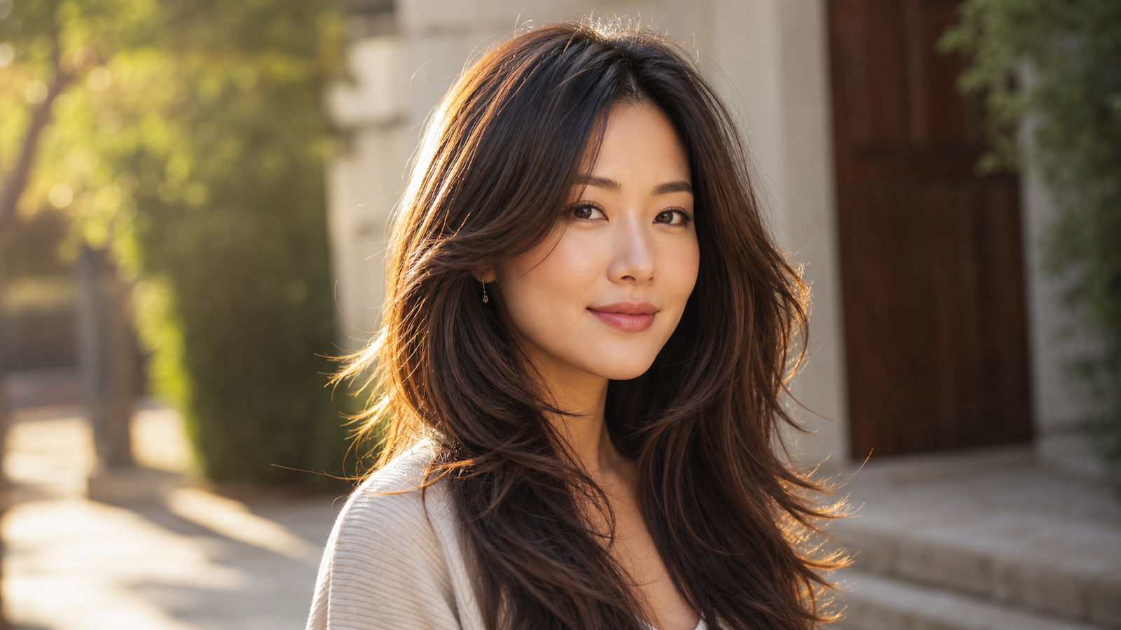 Long layered haircut with added width at jawline to balance heart-shaped face proportions.