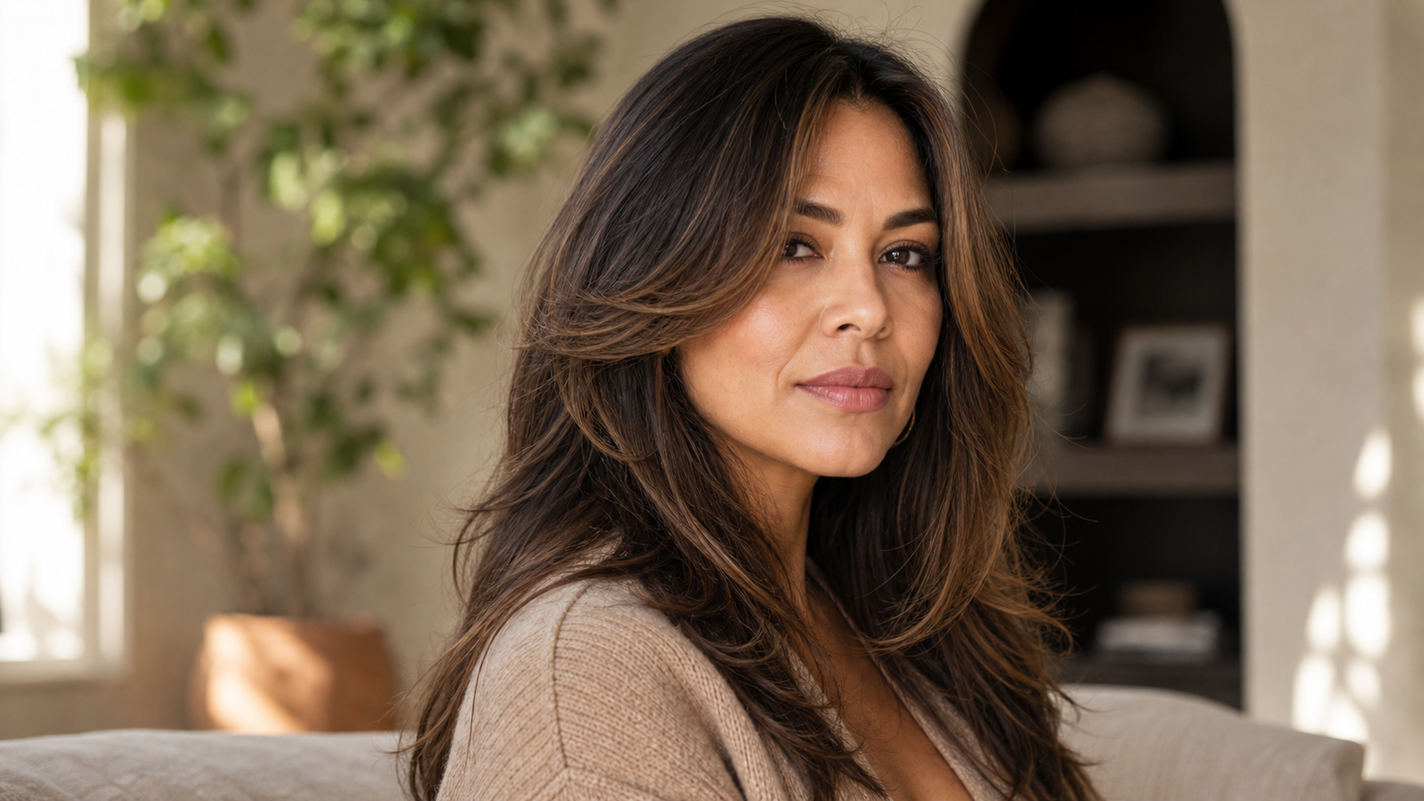 Soft feathered layers around jawline for long hair that softens square face angles.