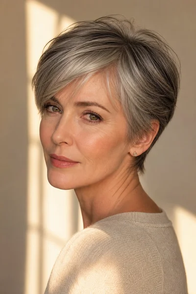 12 Short Gray Pixie Cuts for Women Over 50 11 Long gray pixie haircut with blended layers for transitioning to silver hair