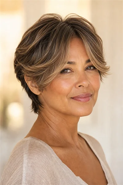 12 Flattering Short Haircuts With Bangs for Women Over 50 5 Woman over 50 with long pixie cut and center-parted curtain bangs