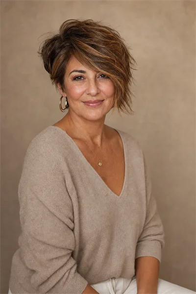 25 Flattering Short Layered Haircuts for Women Over 50 4 long layered pixie with side-swept fringe on mature woman over 50
