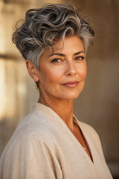 Long pixie with extra top length and tapered sides on thick wavy hair for mature women