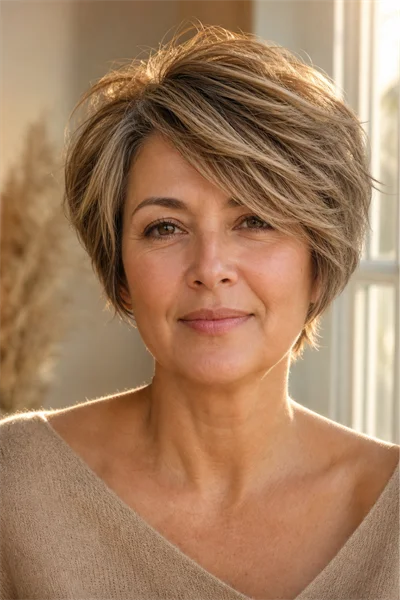 25 Flattering Short Haircuts for Women Over 50 Round Faces 7 Long textured pixie with deep side part — angled short haircut for mature round faces
