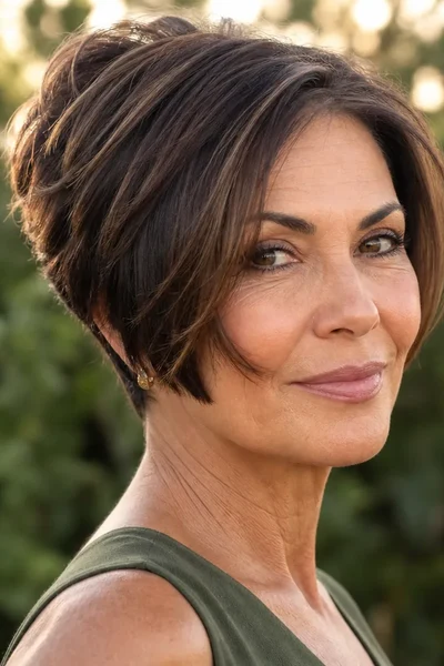 Longer pixie haircut with face-framing layers for mature women