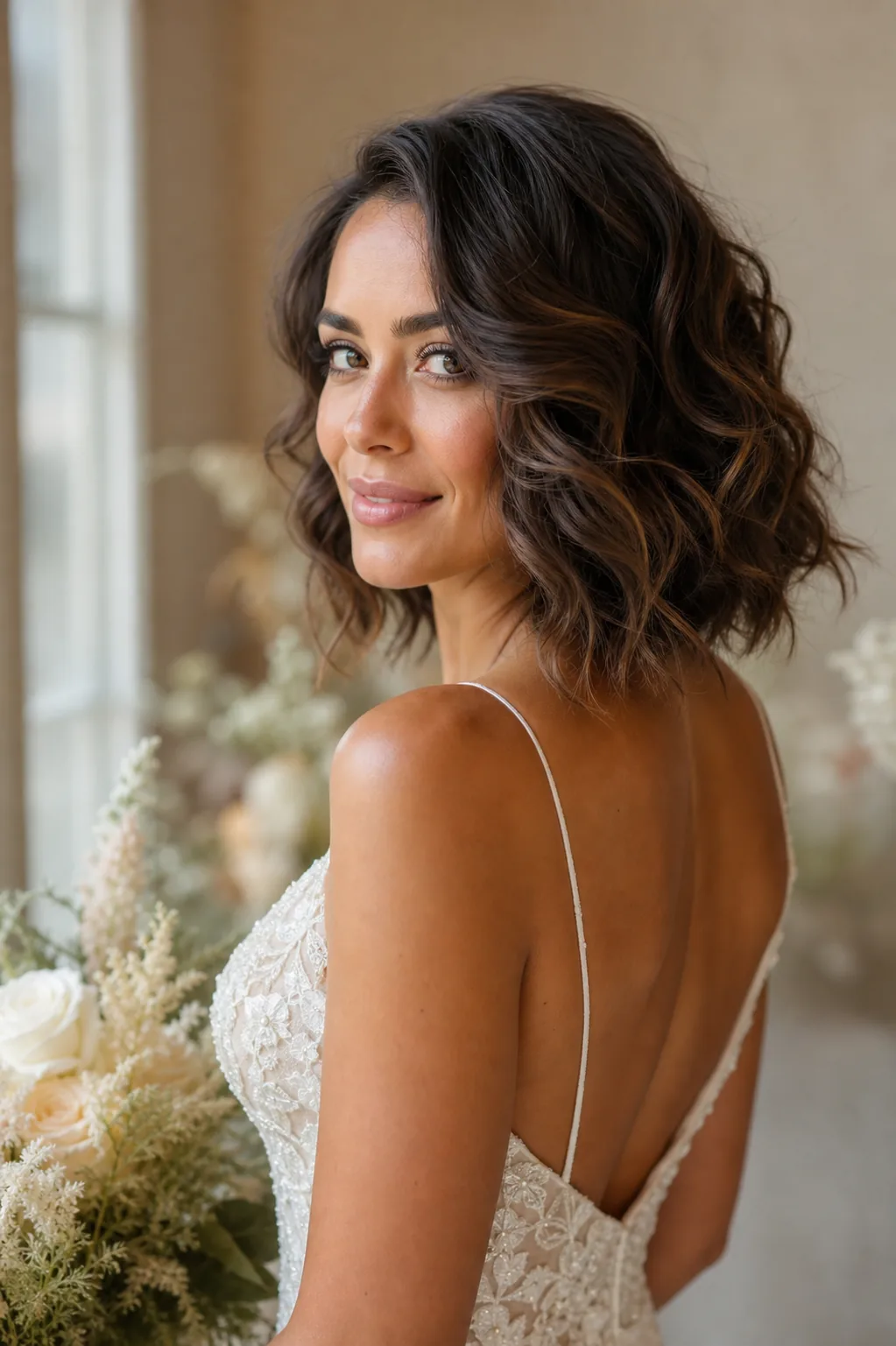 Loose beachy curls wedding hairstyle for short hair, undone wave texture, relaxed styling